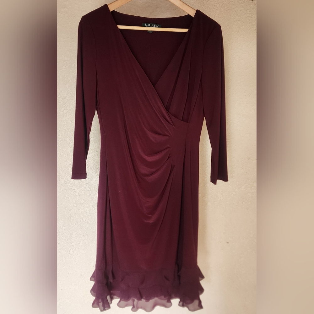 Lauren By Ralph Lauren Size 8 Cocktail Dress Burgandy Wine Color 3/4 Sleeve